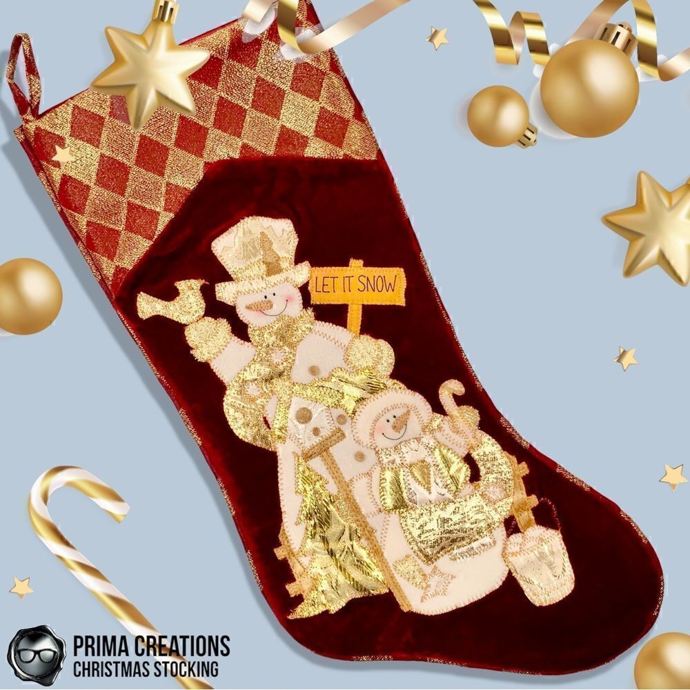 VINTAGE  CHRISTMAS STOCKING APPLIQUÉ SNOWMAN LET IT SNOW VELVET FELT IN RED GOLD